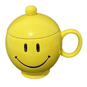 Teleflora Yellow Happy Face Mug with Lid Planter Smiling Whimsical Kitschy Retro